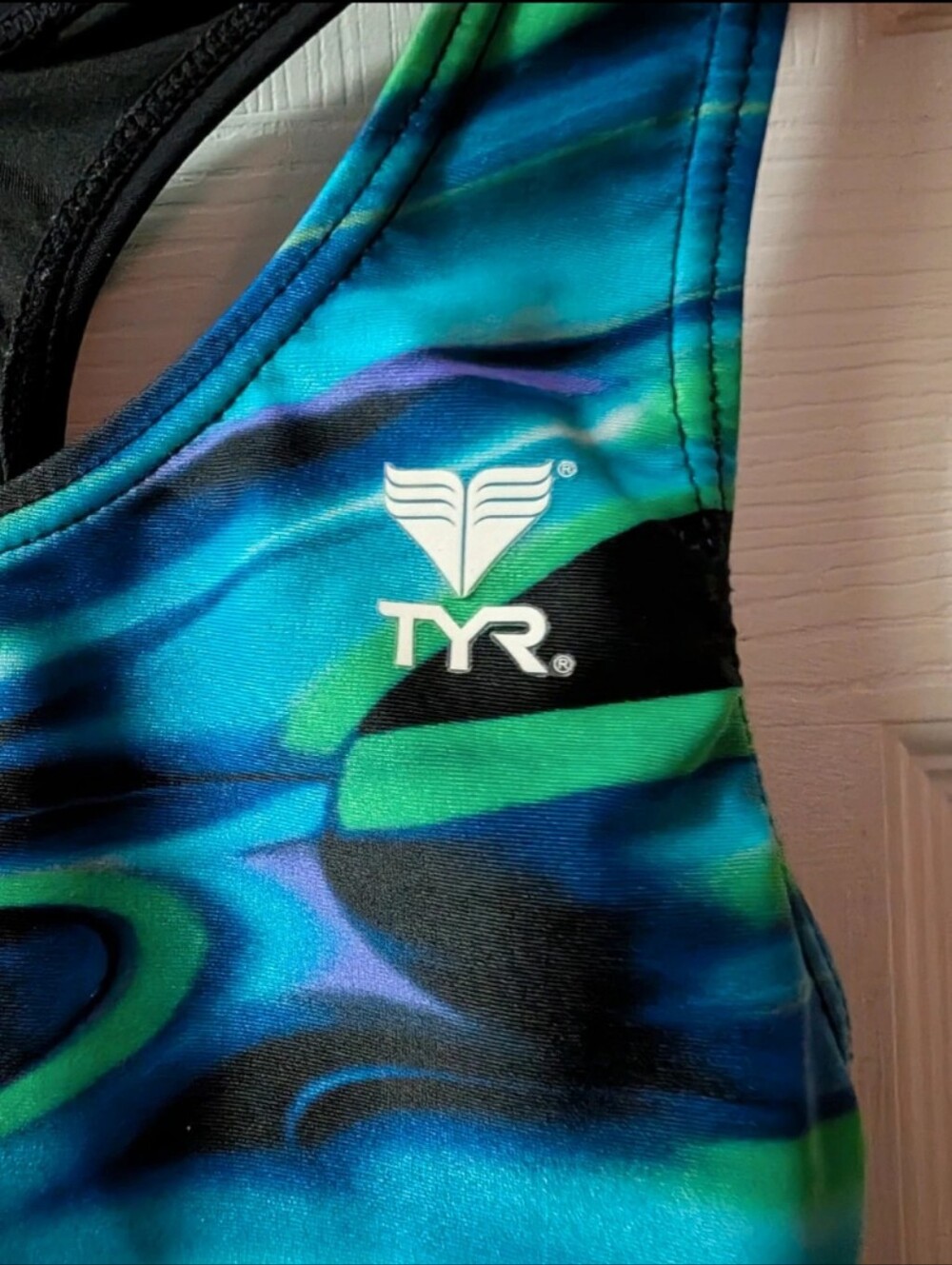 TYR One Piece Swimsuit Blue Green Abstract Racerback Athletic Swimwear Women's - Picture 6 of 7